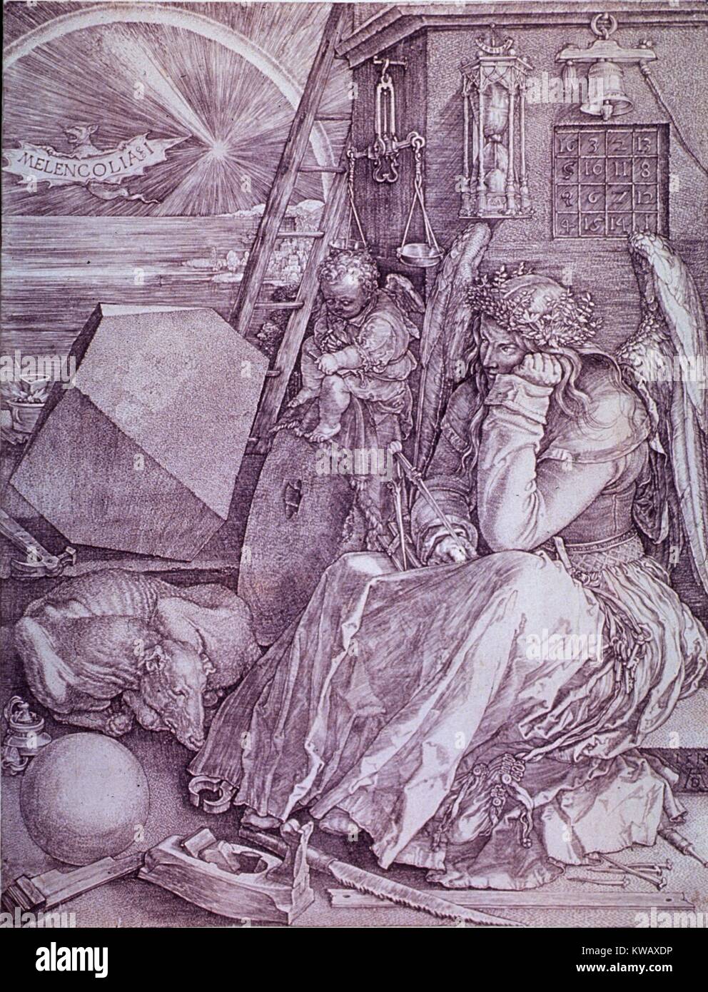 Stampa di un attacco da parte del pittore tedesco Albrecht Dürer che mostra l'artista circondato da molte forme simboliche, come una donna alata raffigurante la malinconia, Germania, 1514. La cortesia Libreria Nazionale di Medicina. Foto Stock