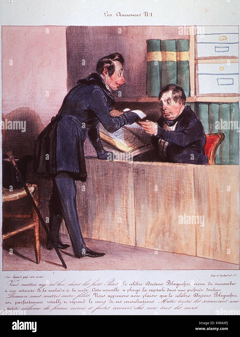 Il francese la caricatura che mostra un medico posizionando una pubblicità ingannevole, Francia, 1838. La cortesia Libreria Nazionale di Medicina. Foto Stock
