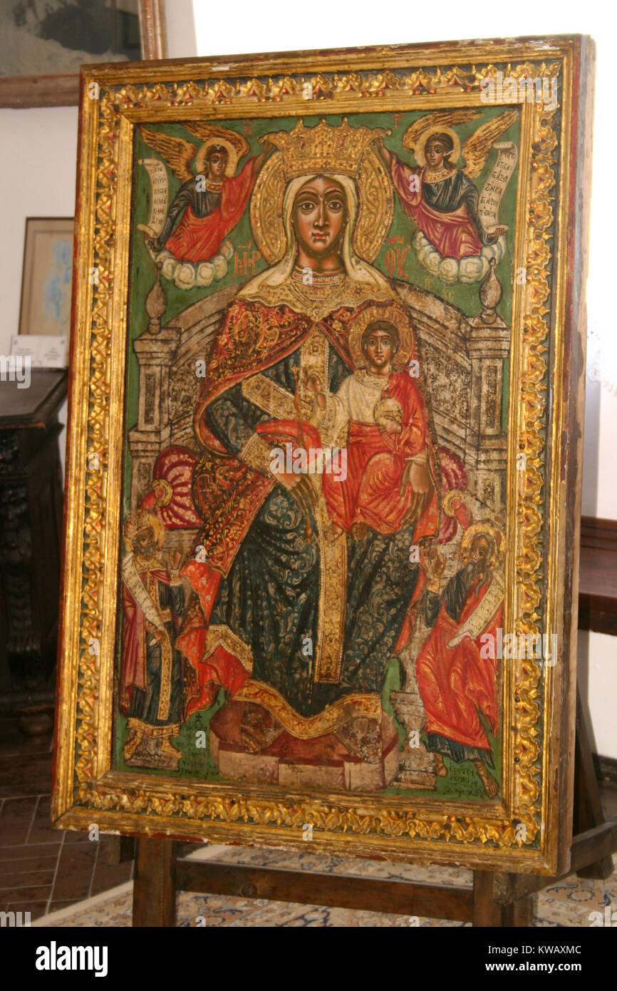 Antica icona bizantina raffigurante la Vergine Maria con Gesù Cristo Foto Stock