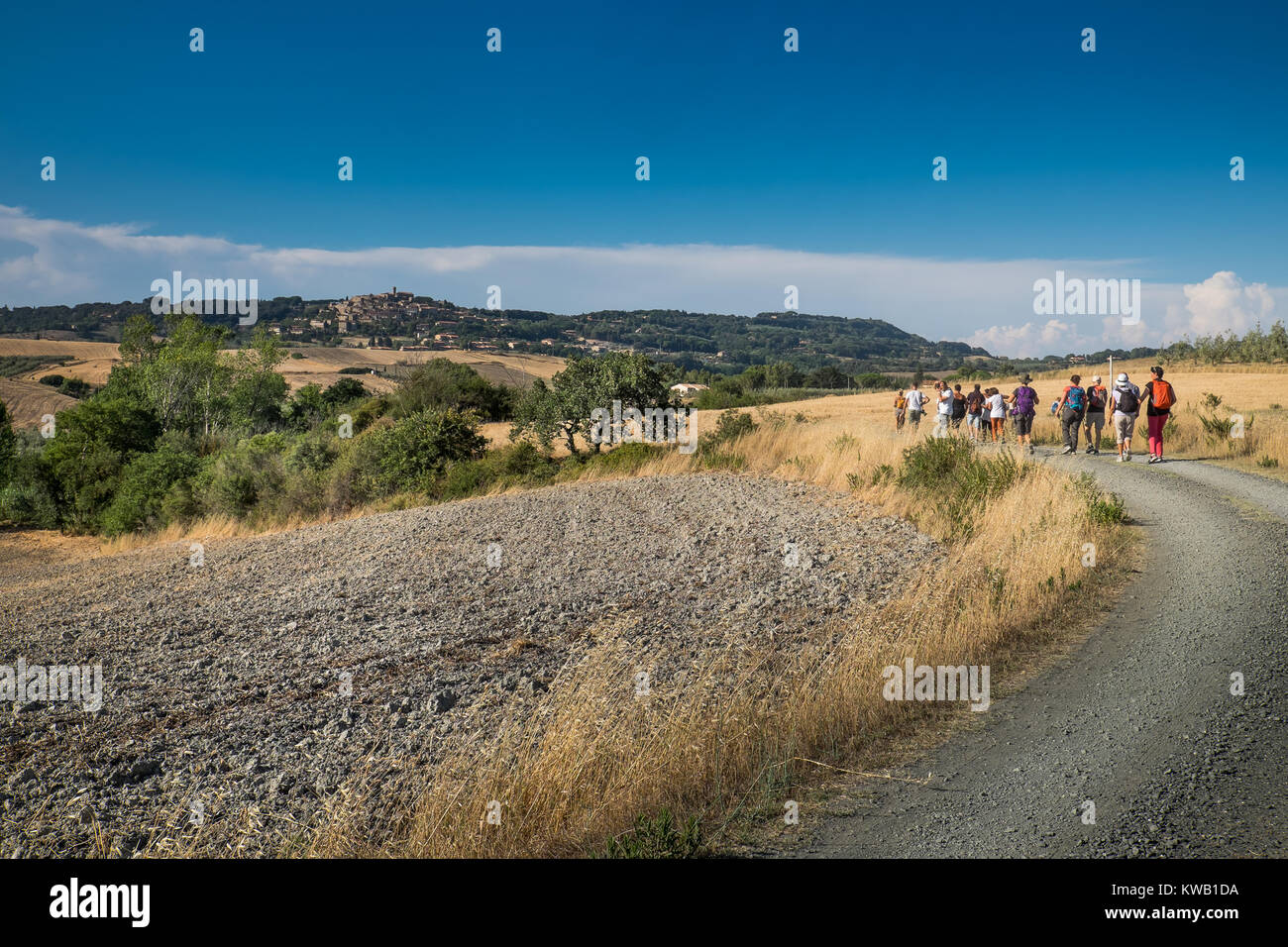 Casale Marittimo, Pisa, Italia - 12 Luglio 2017: gli escursionisti a piedi attraverso la campagna in estate piena di cipressi, balle di fieno e il cielo blu, panoramica Foto Stock