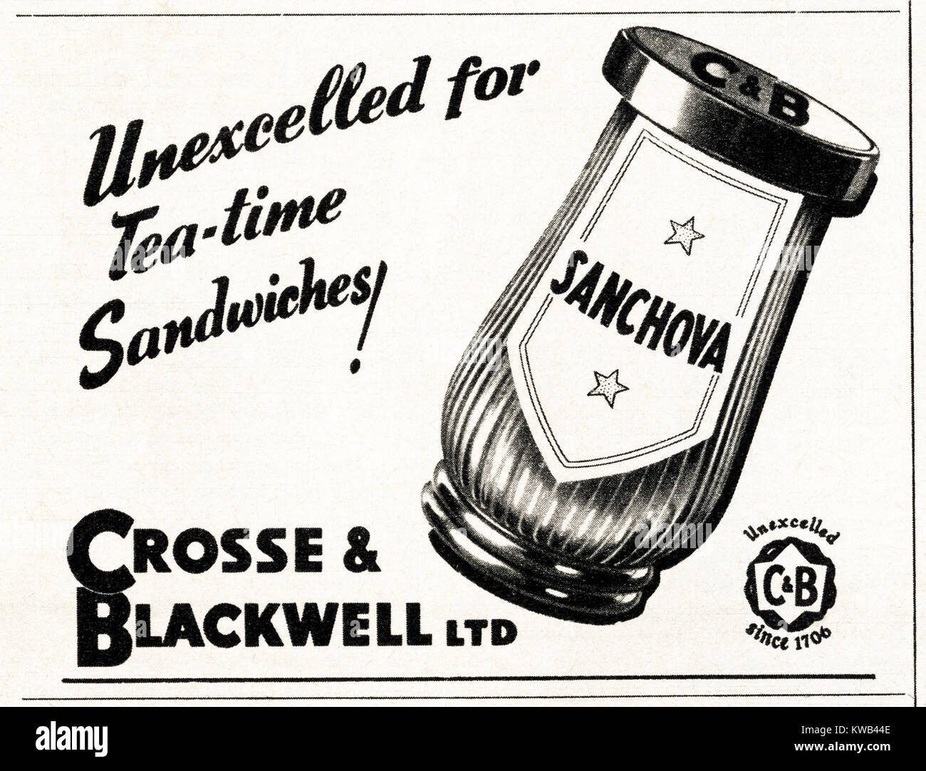 1940s vecchio vintage originale pubblicità pubblicità Crosse & Blackwell Sanchova diffusione a sandwich in magazine circa 1947 quando i materiali di consumo sono state ancora limitato sotto il razionamento del dopoguerra Foto Stock