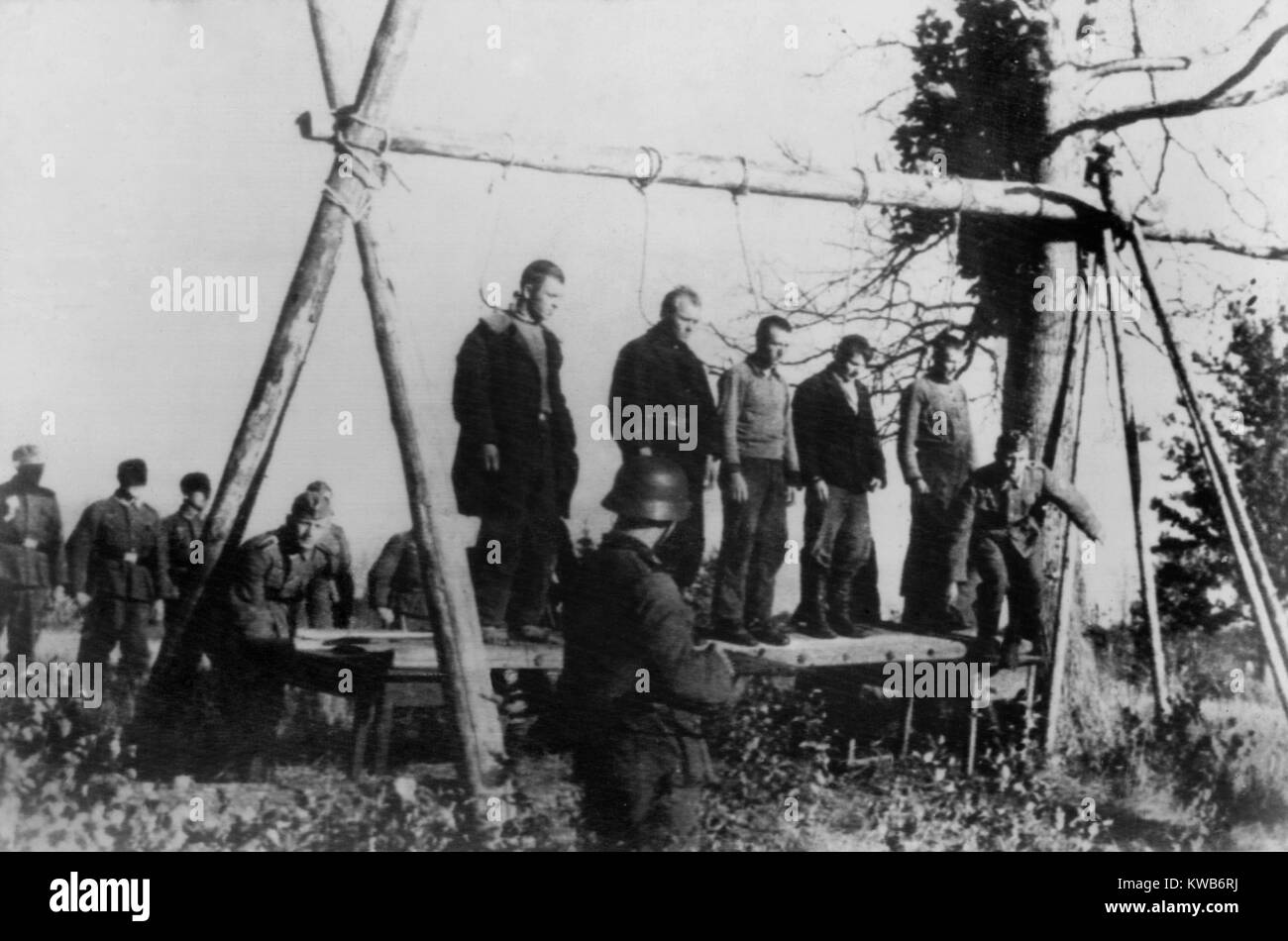 Cinque civili sovietica per essere impiccato da soldati tedeschi, vicino alla città di Velizh a Smolensk Regione. Essi sono eventualmente partigiani russi o ostaggi eseguito in ritorsione per operazioni partigiane. Sett. 1941. Guerra mondiale 2. (BSLOC 2014 8 33) Foto Stock