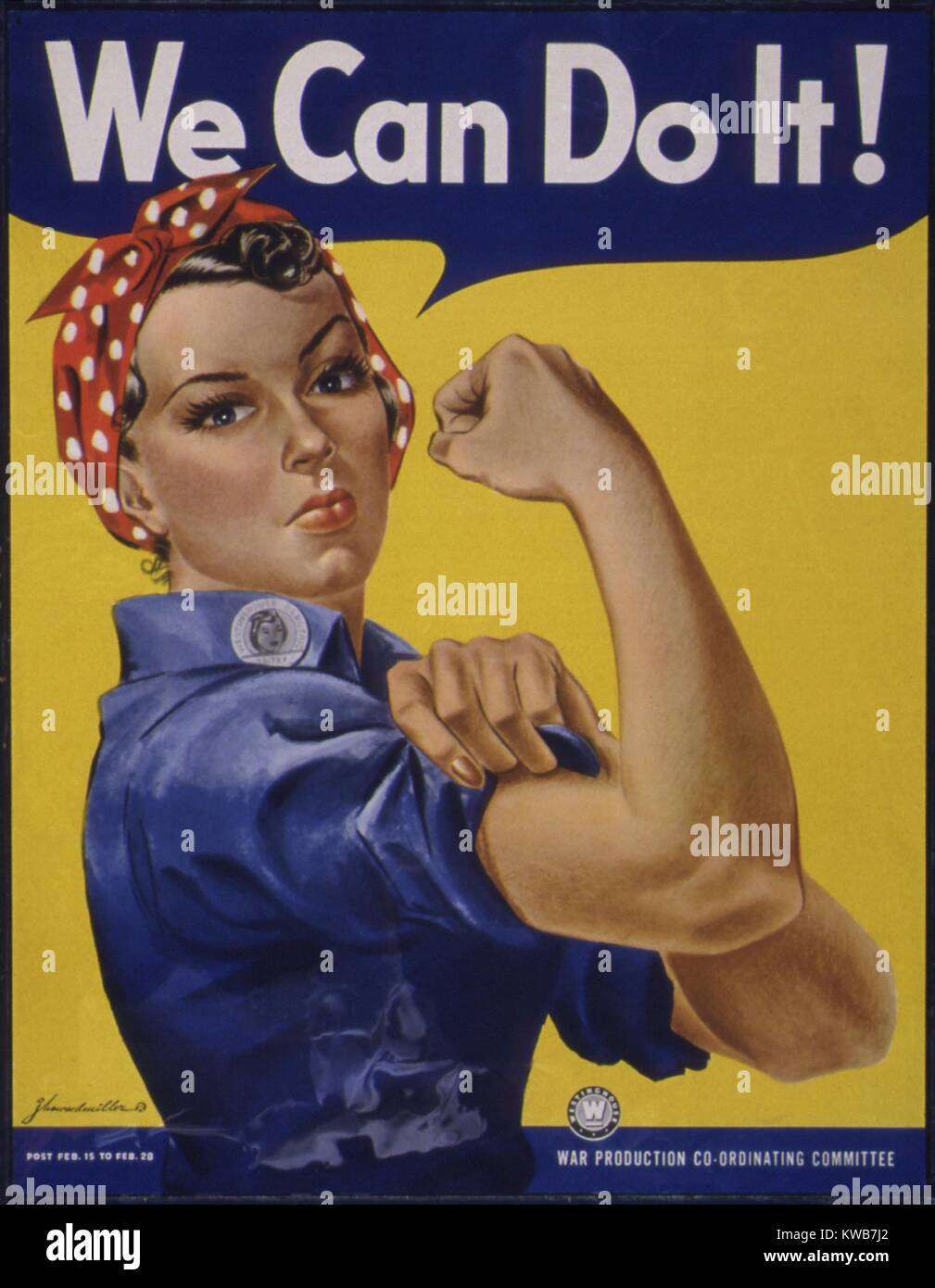 "Possiamo farlo!' Guerra Mondiale 2 poster morale di survoltaggio delle donne americane di contribuire allo sforzo bellico. Esso è stato creato da J. Howard Miller per Westinghouse Company nel 1942. Il poster è stato visualizzato nel Midwest fabbriche nel febbraio 1942. Esso si ri-emerse nei primi anni ottanta e si fuse con 'Rosie la rivettatrice' immagini nella mente del pubblico. (BSLOC 2014 10 225) Foto Stock