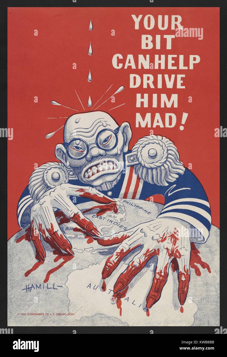 La caricatura di Imperatore Hirohito con sanguinose dita afferrare su un globo come gocce d'acqua sulla sua testa. Gli Stati Uniti La Seconda Guerra Mondiale la propaganda poster incoraggia i civili, 'il bit può aiutare a guidare lui pazzo." 1942. (BSLOC 2014 10 98) Foto Stock