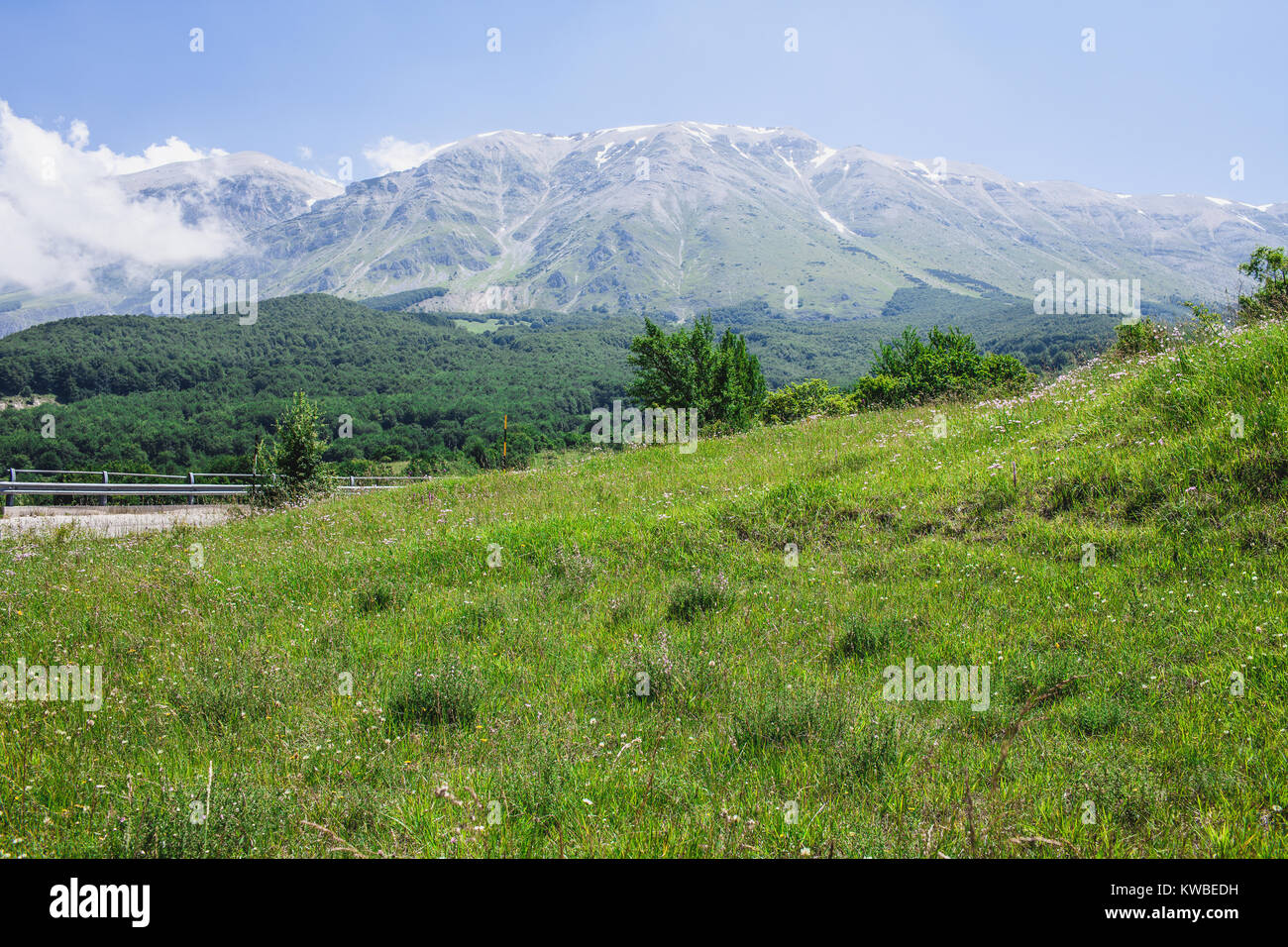 Verde paesaggio di montagna della Majella in background, Abruzzo, Italia. Foto Stock