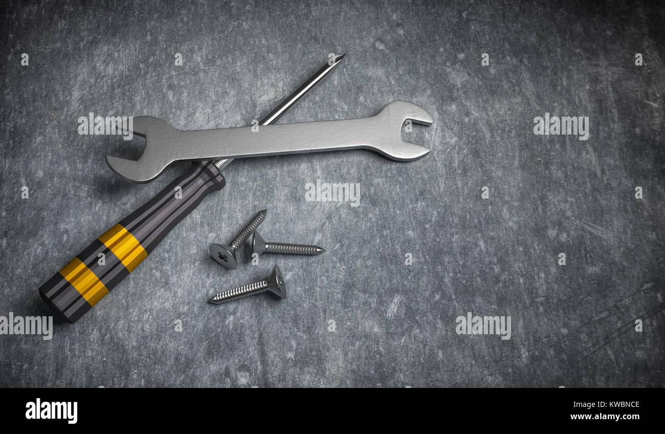 3d illustrazione di attrezzo di riparazione wrenchs, martello da carpentiere e cacciavite Foto Stock