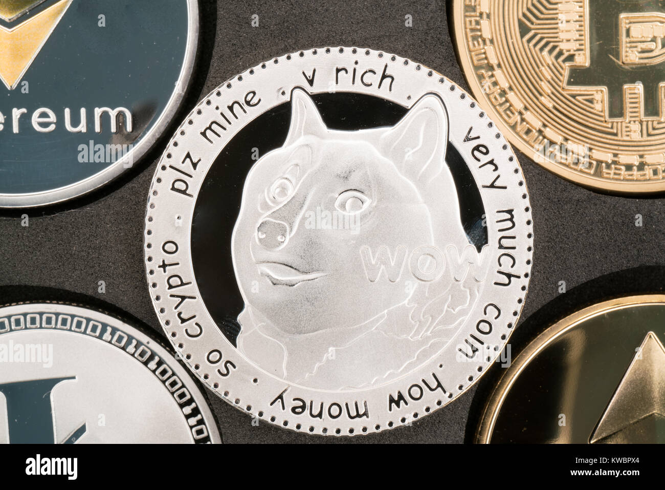 Dogecoin cryptocurrency vera moneta d'argento nel mezzo di altri cripto Foto Stock