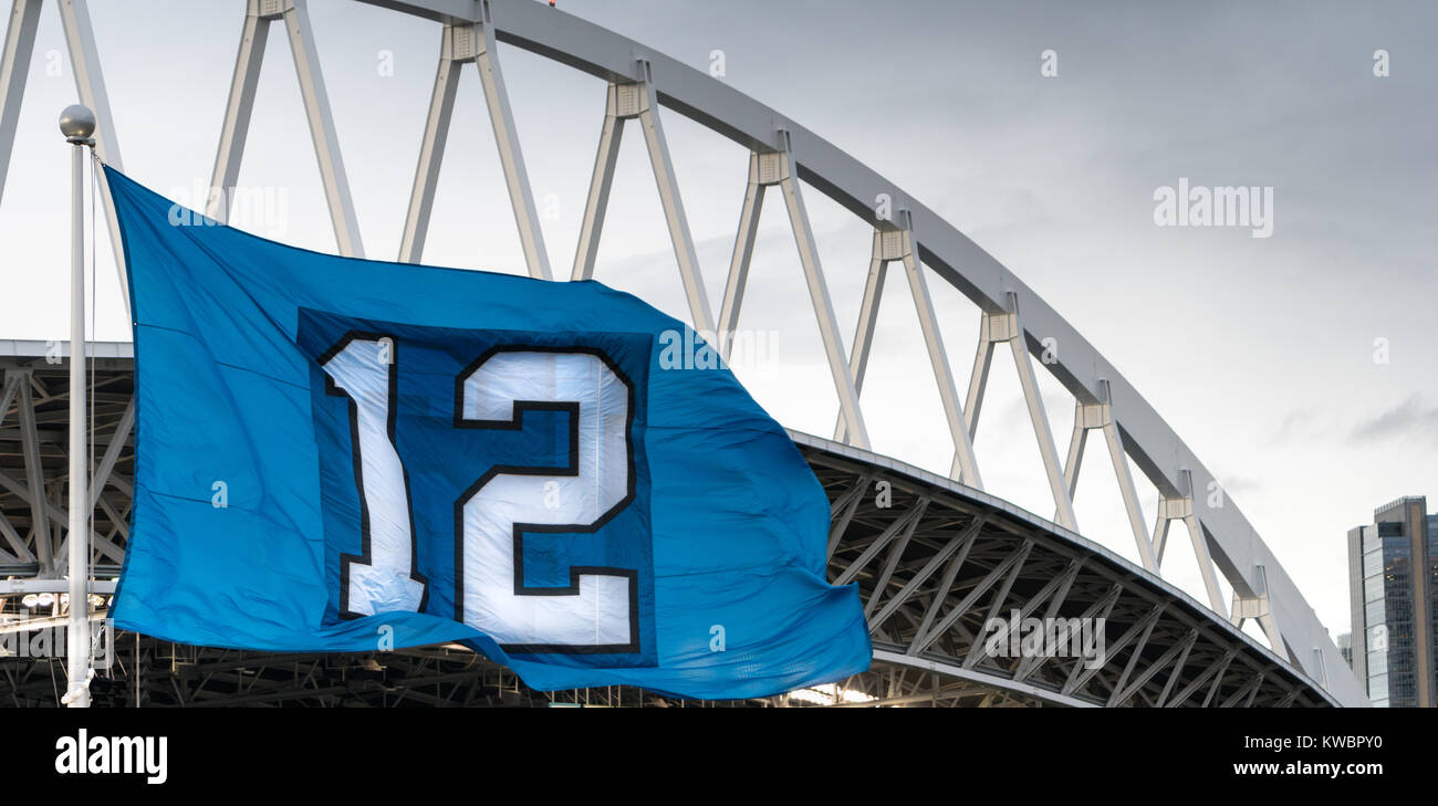 Essi sono chiamati twelves, questa bandiera è per i fans dei Seattle Seahawks Foto Stock