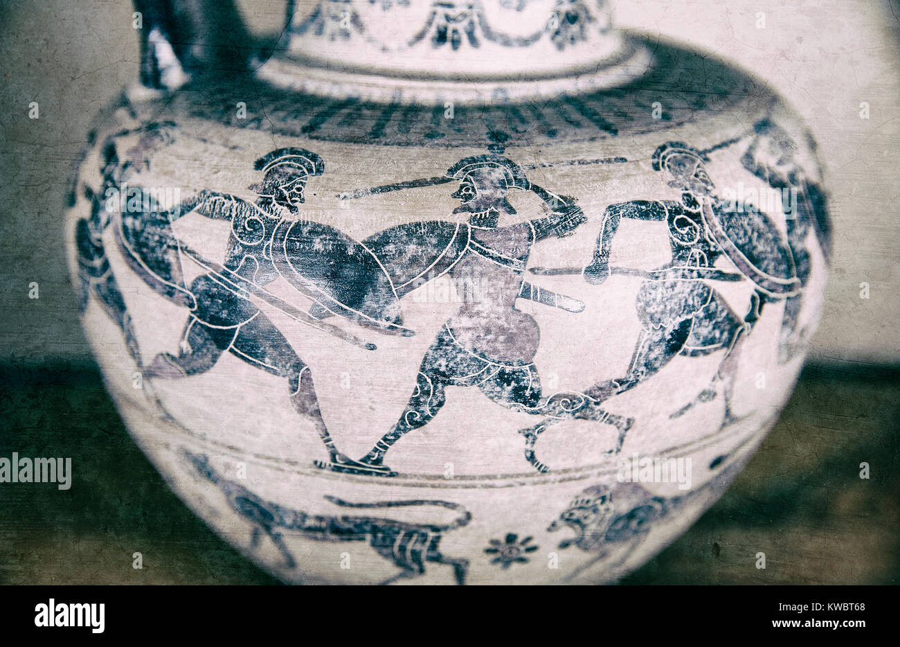 Scena di combattimento sul vaso Etrusco - riproduzione Foto Stock