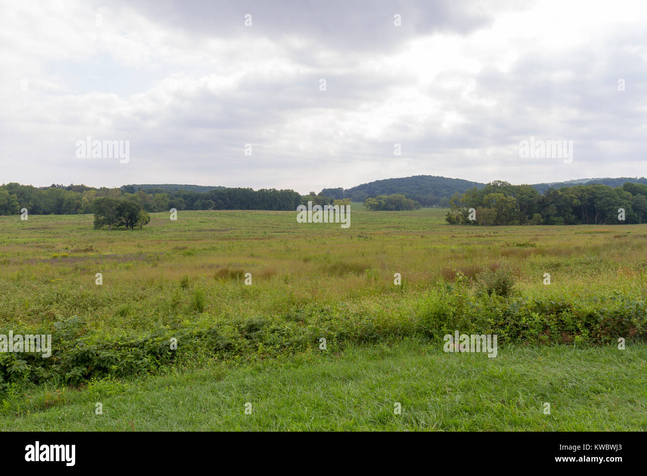 Vista generale attraverso il sito di Valley Forge accampamento militare, Valley Forge National Historical Park, Valley Forge, Pennsylvania, Stati Uniti. Foto Stock