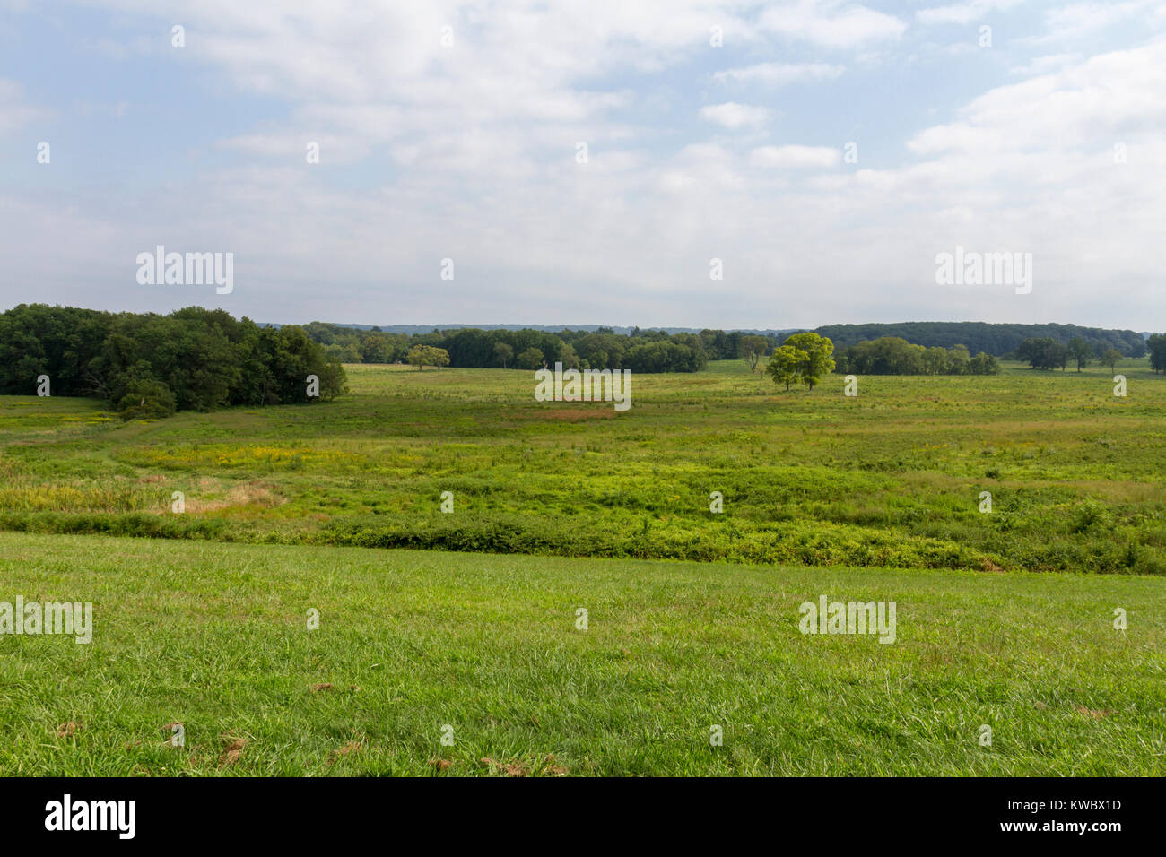 Vista generale attraverso il sito di Valley Forge accampamento militare, Valley Forge National Historical Park, Valley Forge, Pennsylvania, Stati Uniti. Foto Stock