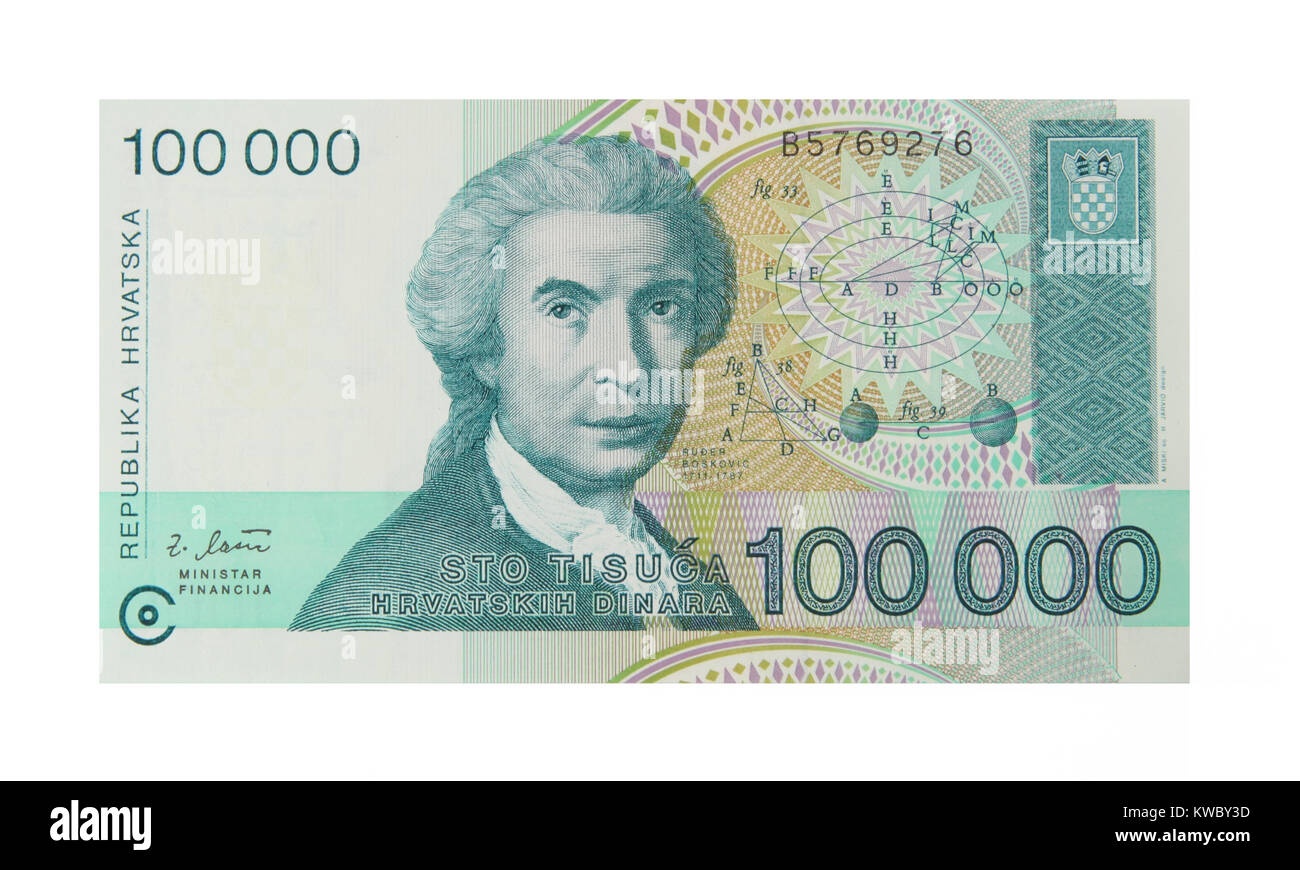 La parte anteriore di un 100 000 Kuna Croato banca nota Foto Stock