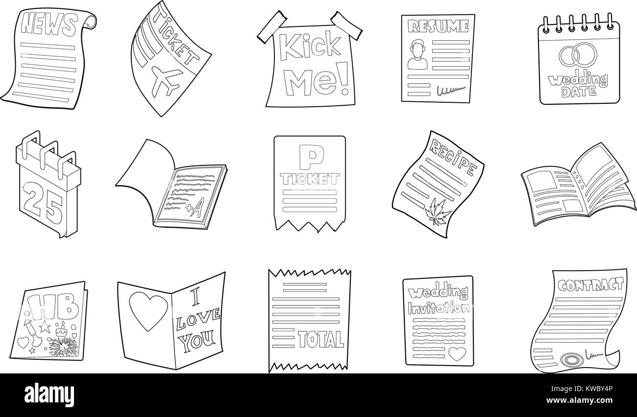 Icona carta impostato, stile contorno Illustrazione Vettoriale