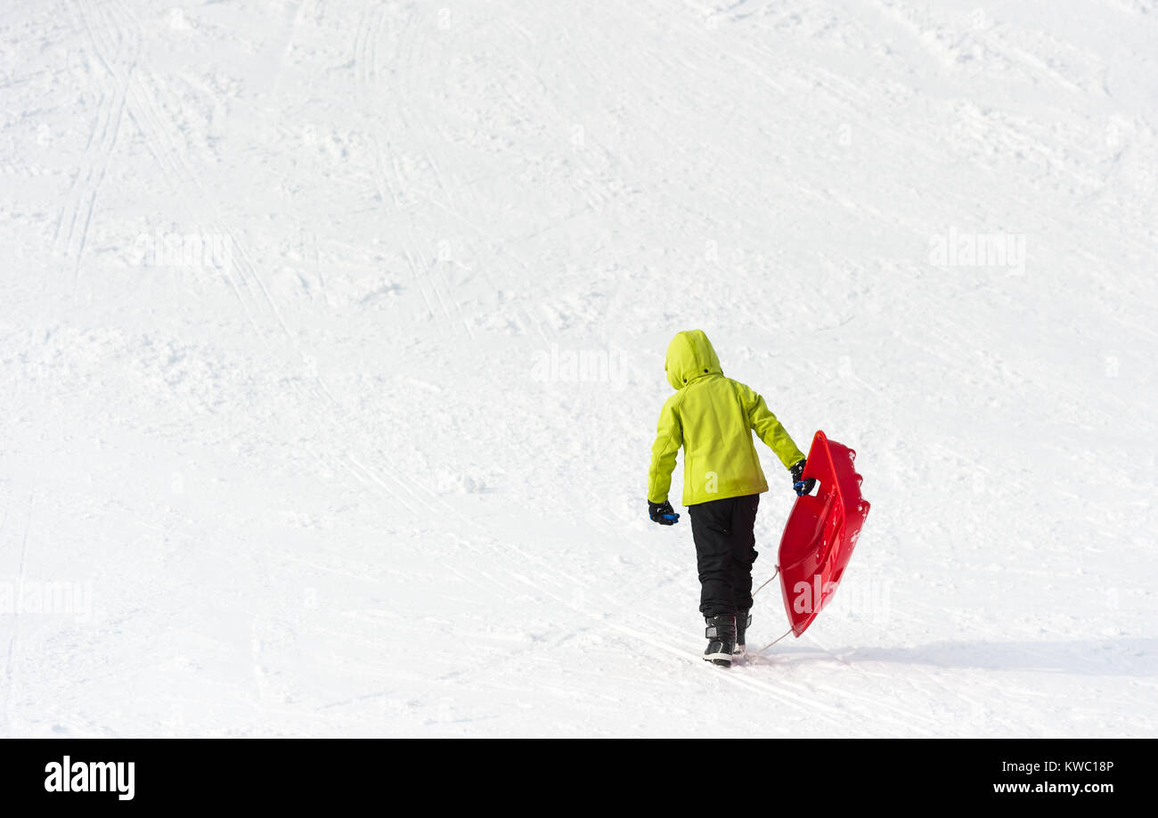 Ragazzo con una slitta sulla neve bianca sullo sfondo Foto Stock