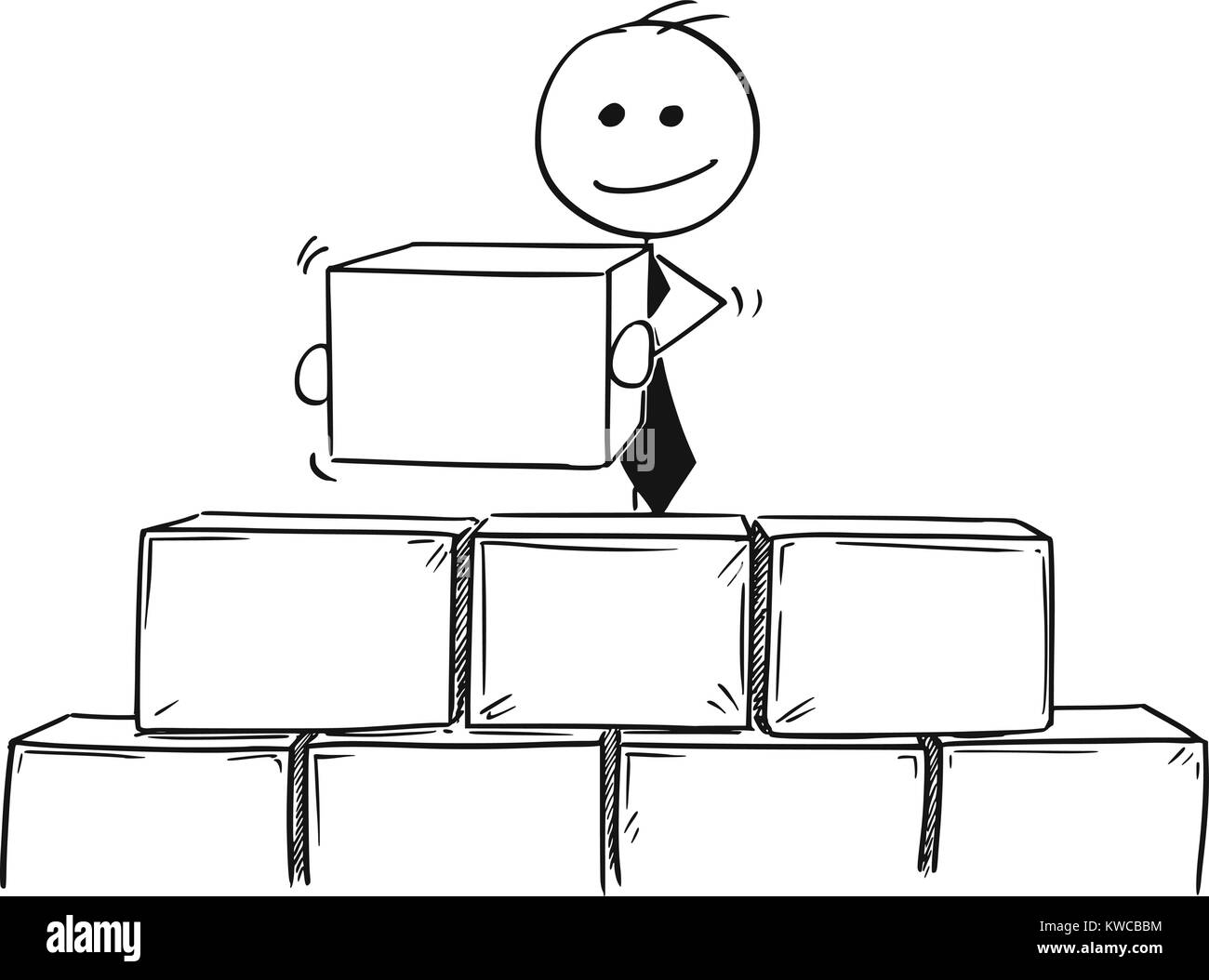 Cartoon stick uomo disegno illustrazione concettuale dell uomo d affari edificio di mattoni o blocchi. Illustrazione Vettoriale