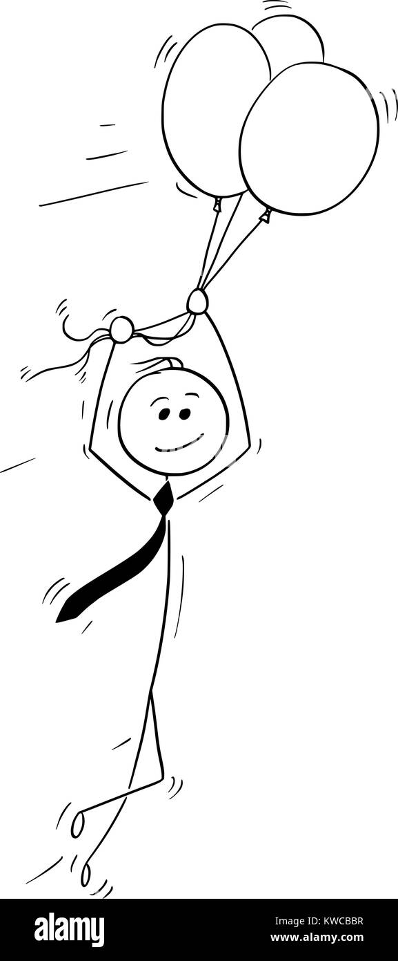 Cartoon stick uomo disegno illustrazione concettuale dell uomo d affari volare alto trattenere aria palloncini. Concetto di successo. Illustrazione Vettoriale