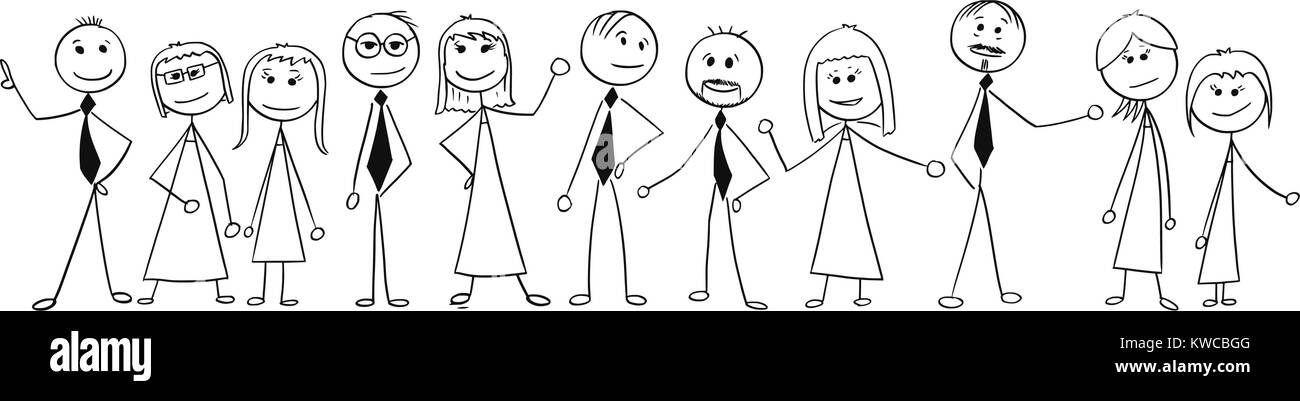 Cartoon stick uomo disegno illustrazione della folla di undici persone d'affari, uomini e donne, imprenditori e imprenditrici in piedi e in posa. Illustrazione Vettoriale