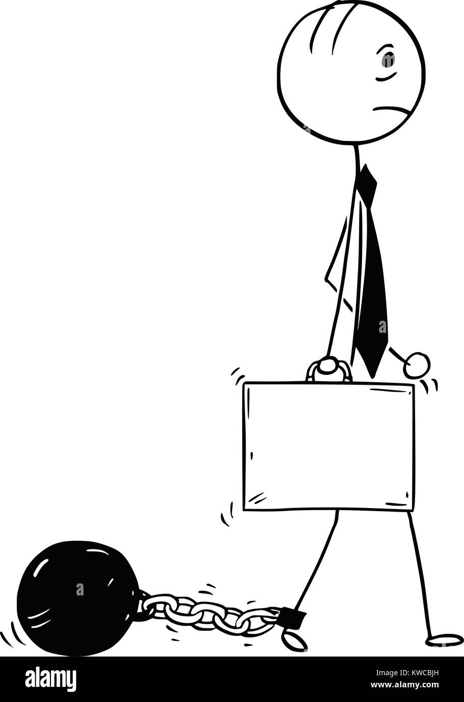 Cartoon stick uomo concetto disegno illustrazione di imprenditore con sfera di ferro e catena attaccata alla gamba. Illustrazione Vettoriale