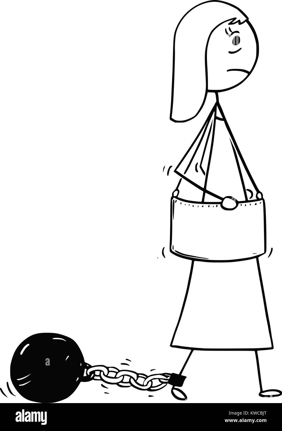 Cartoon stick uomo concetto disegno illustrazione di imprenditrice con sfera di ferro e catena attaccata alla gamba. Illustrazione Vettoriale