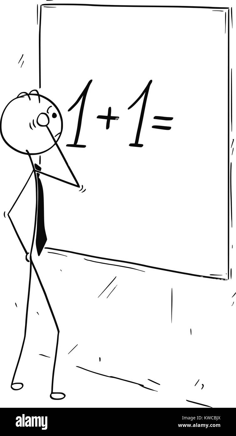 Cartoon stick uomo concetto disegno illustrativo dell'uomo d'affari alla ricerca e di calcolo su scheda a parete. Illustrazione Vettoriale