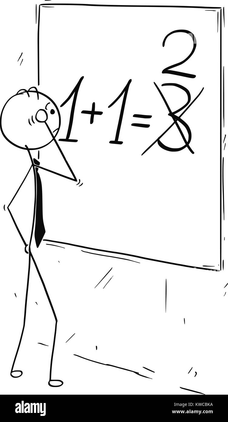 Cartoon stick uomo concetto disegno illustrativo dell'uomo d'affari alla ricerca e di calcolo su scheda a parete.Concetto di errore di business. Illustrazione Vettoriale