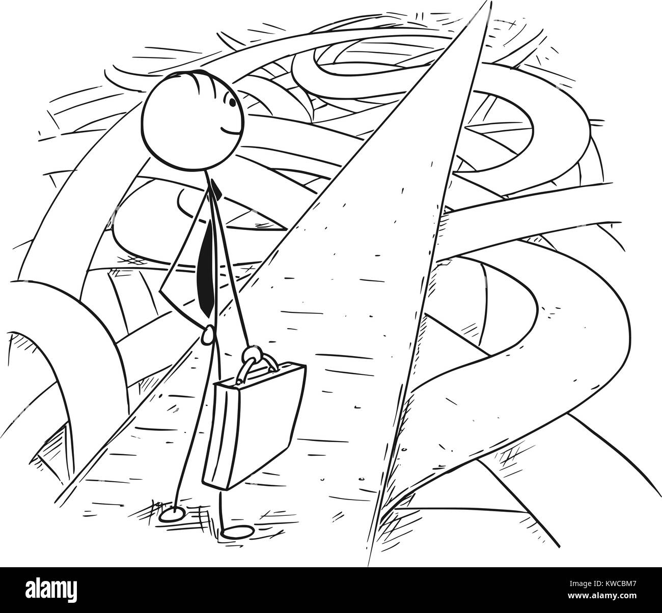 Cartoon stick uomo disegno illustrazione concettuale di imprenditore che hanno trovato in modo facile e sicuro attraverso il caos della crisi. Illustrazione Vettoriale