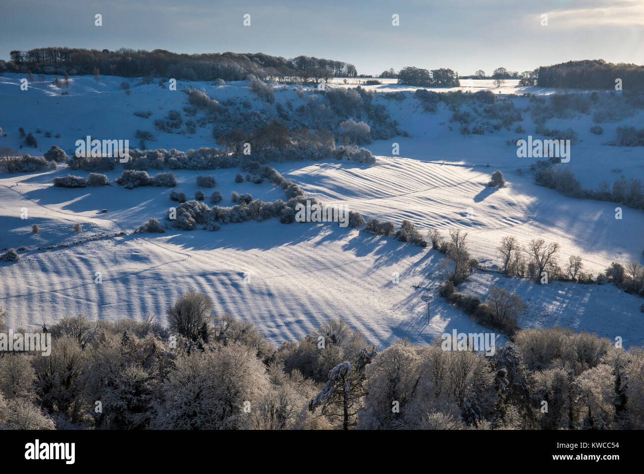 Coperta di neve ridge e il solco aratro segni sui campi nel Gloucestershire, Regno Unito Foto Stock