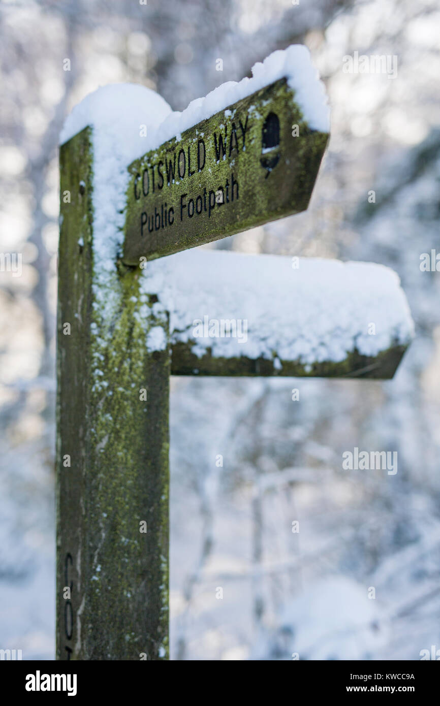 Cotswold Way National Trail dito post ricoperta di neve Crickley Hill, Gloucestershire, Regno Unito Foto Stock