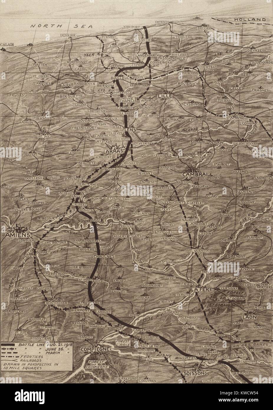 Guerra mondiale 1. Mappa di fronte occidentale durante il tedesco offensiva di primavera del 1918. Il solido linea scura segna la posizione tedesca il 21 agosto. La linea punteggiata alla sua sinistra segna la più lontana anticipo tedesco nel 1918. (BSLOC 2013 1 171) Foto Stock
