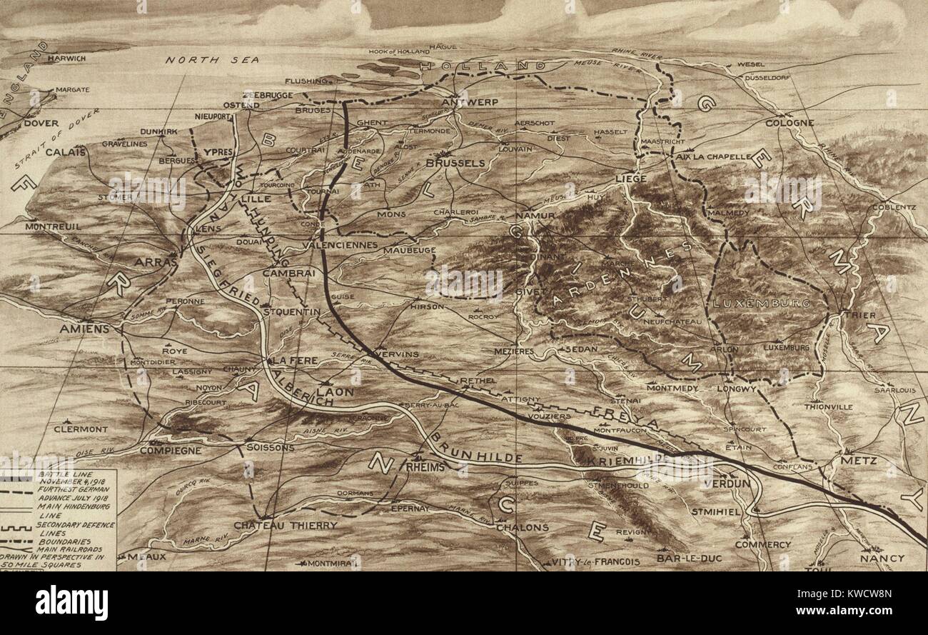 Guerra mondiale 1. Mappa di fronte occidentale che mostra la posizione delle forze contrapposte su nov. 4, 1918, sette giorni prima dell'armistizio è stato firmato. Essa indica anche il punto più lontano raggiunto dai tedeschi, la linea Hindenburg. (BSLOC 2013 1 217) Foto Stock