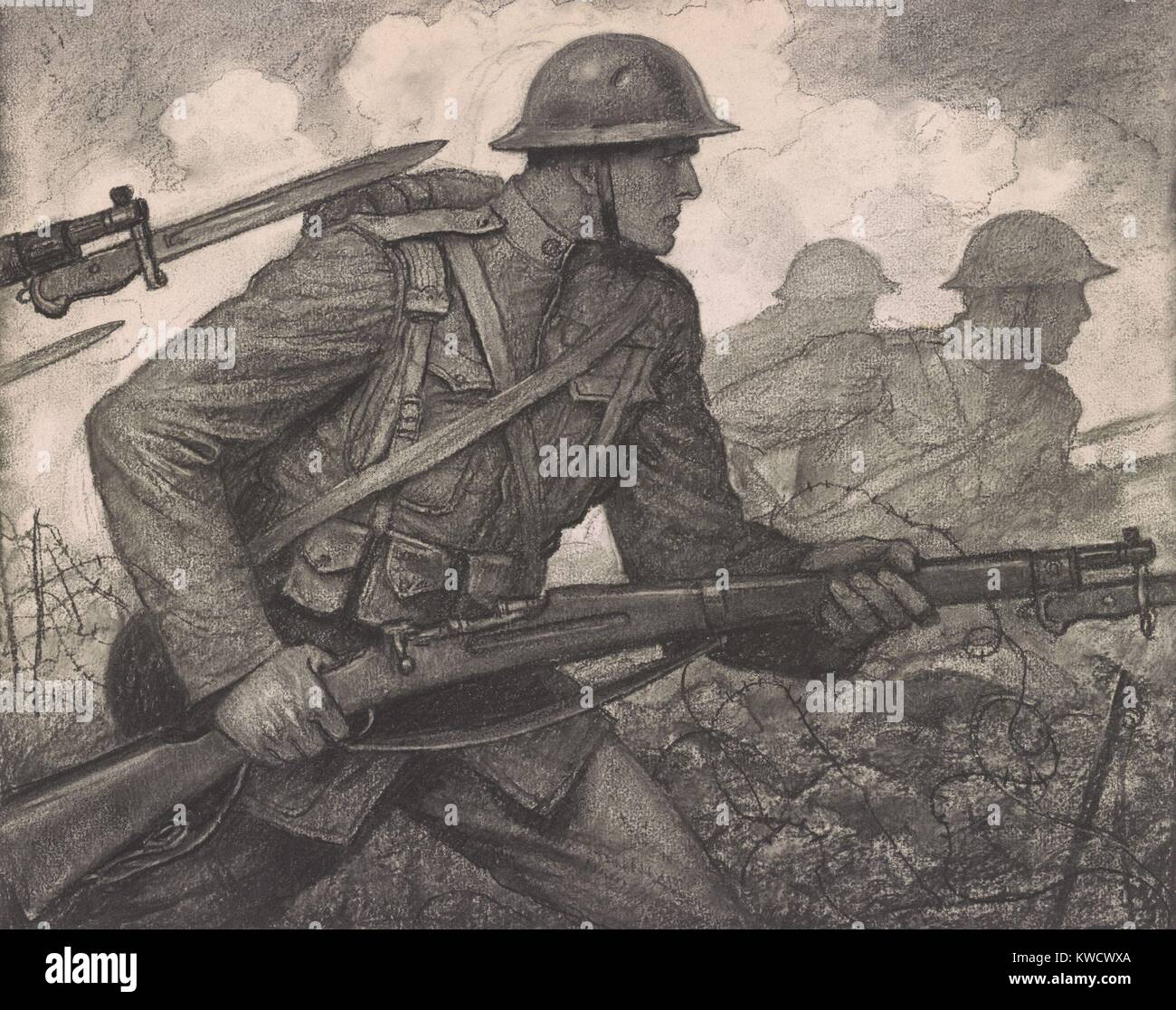 Soldati americani WW1 soldati avanzante attraverso il filo spinato con fucili e baionette fisso. 1918 disegno a carboncino da artista americano, Wladyslaw T. Benda (BSLOC 2017 1 46) Foto Stock Soldati americani WW1 soldati avanzante attraverso il filo spinato con fucili e baionette fisso. 1918 disegno a carboncino da artista americano, Wladyslaw T. Benda (BSLOC 2017 1 46) Foto Stock