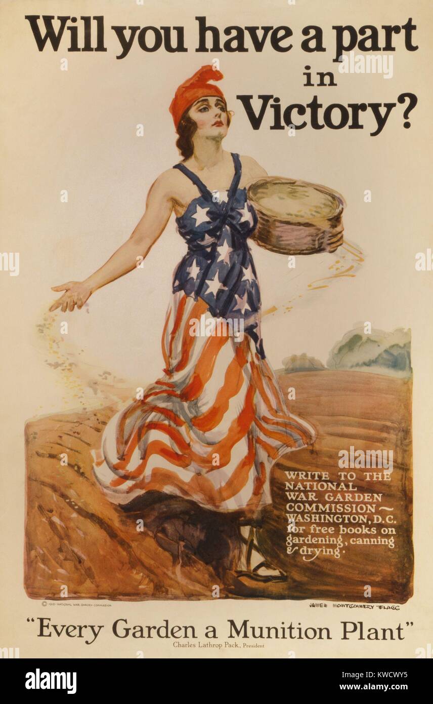 Vi hanno una parte nella vittoria/ Ogni giardino è un impianto di munizioni. American Guerra Mondiale 1 poster della libertà la semina di semi, da James Montgomery Flagg, 1918 (BSLOC 2017 1 58) Foto Stock