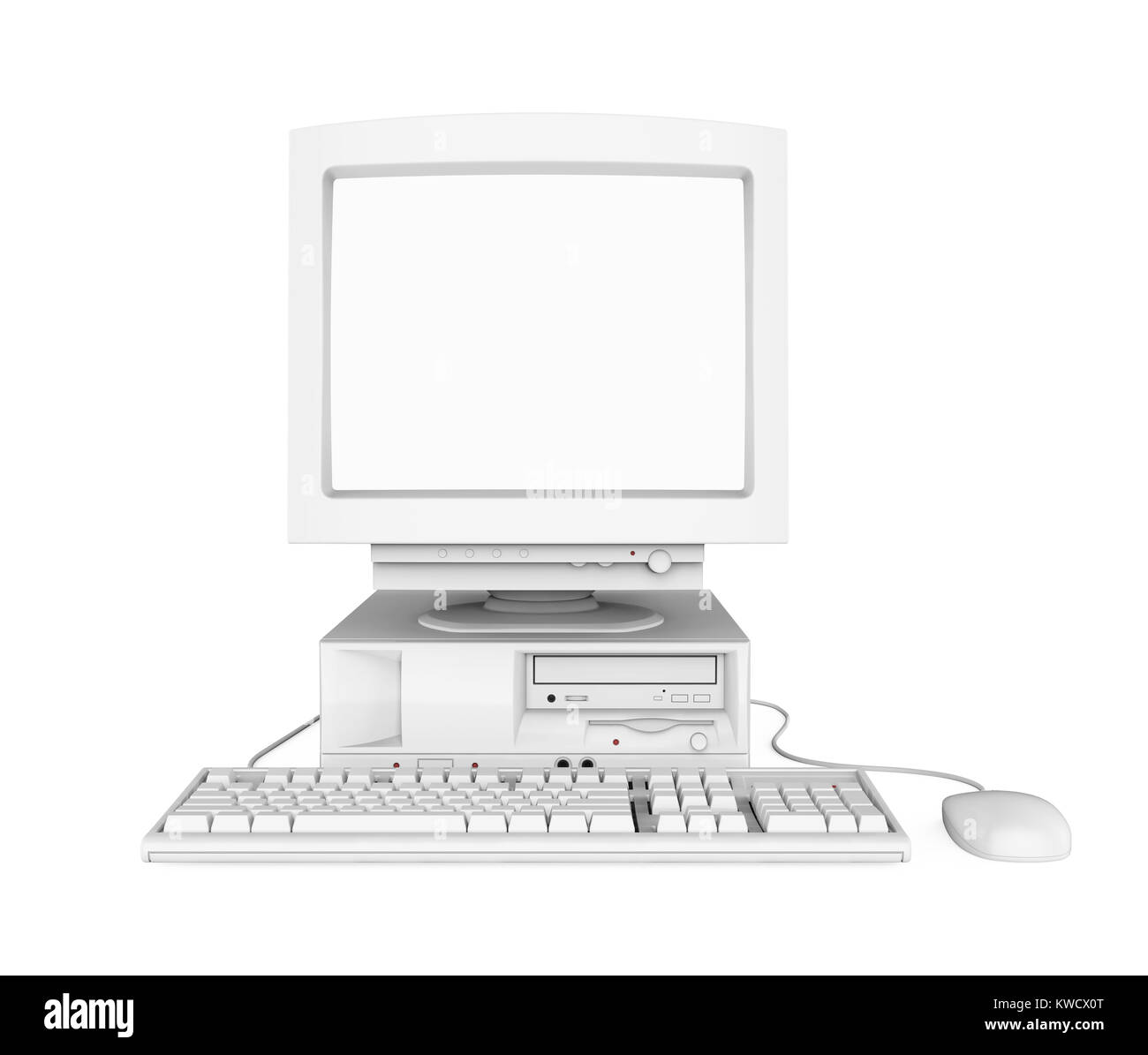 Il vecchio computer desktop con una schermata bianca vuota il monitor, la tastiera e il mouse isolato Foto Stock
