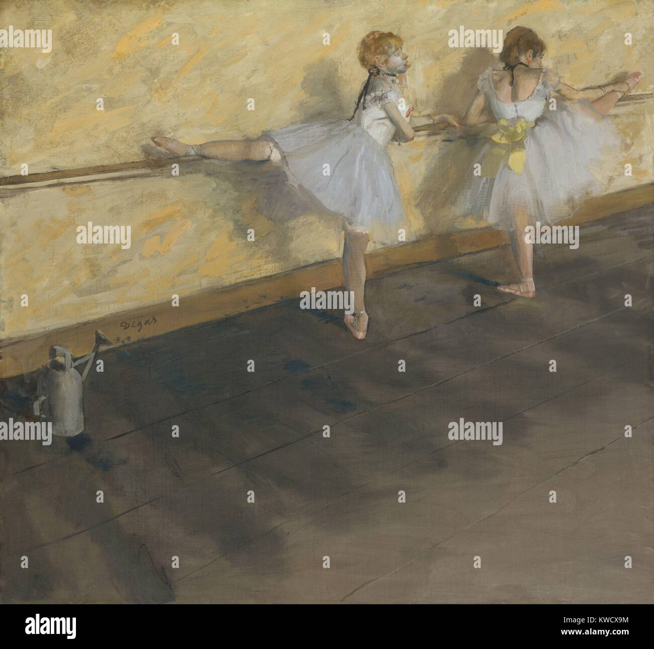 I ballerini di pratica presso le barre, di Edgar Degas, 1874, impressionista francese pittura su tela. Louisine Havemeyer acquistato questa pittura per $95,700 in 1912, la fissazione di un prezzo record per un lavoro di un artista vivente (BSLOC 2017 3 106) Foto Stock