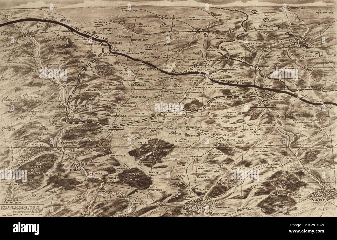 Guerra Mondiale 1: Mappa della Battaglia di San Mihiel. Stati Uniti Gli eserciti conquistato la prima vittoria in un'azione indipendente spingendo i tedeschi dal territorio francese che aveva occupato per quattro anni. La linea tratteggiata mostra il testo originale tedesco posizione il buio la linea continua indica il loro post battle posizione. Sett. 12-16, 1918. (BSLOC 2013 1 199) Foto Stock
