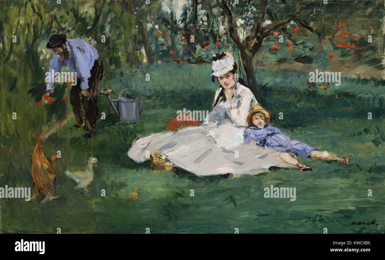 Monet famiglia nei loro Argenteuil giardino, da Edouard Manet, 1874, impressionista francese la pittura ad olio. Manet e Renoir sono stati ospiti di Monet quando questo lavoro è stato dipinto. Quando non è in posa, dipinti di Monet Manet al suo cavalletto e Renoir dipinse anche il suo lavoro, Madame Monet e suo figlio, ora alla National Gallery of Art di Washington D.C. (BSLOC 2017 3 13) Foto Stock