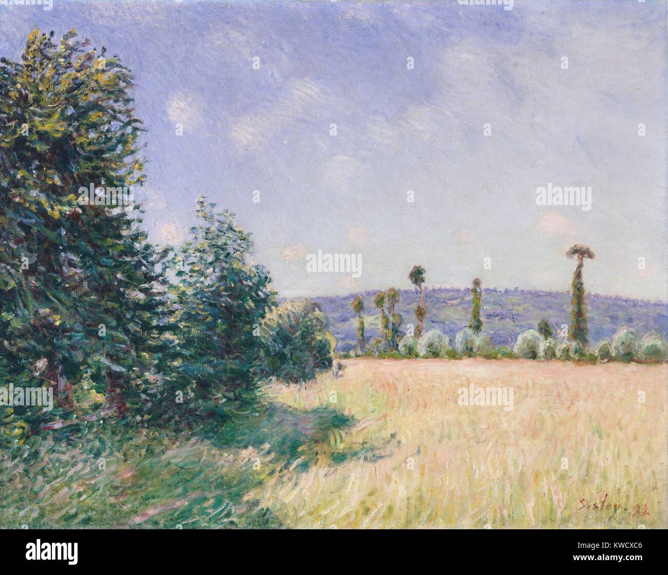 Prati Sahurs nel sole di mattina, da Alfred Sisley, 1894, impressionista francese pittura, olio su tela. Sisley ha trascorso l'estate del 1894 all'estate del suo amico e mecenate, François Depeaux, un ricco industriale normanno, che ha acquistato cinque della sua pittura, compreso questo (BSLOC 2017 3 132) Foto Stock
