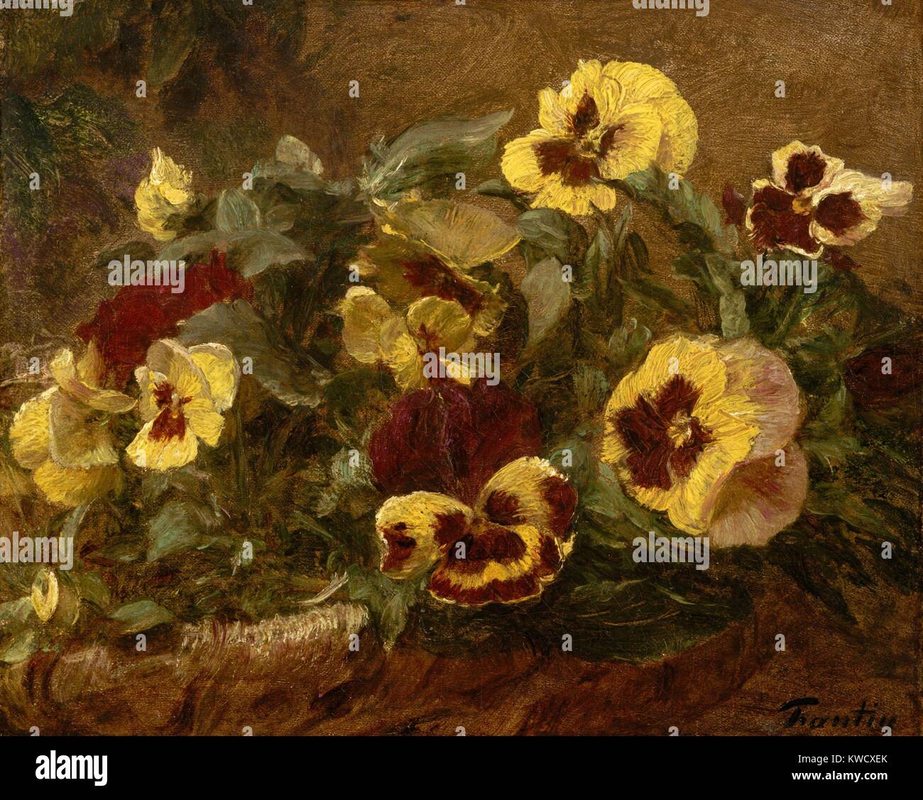 Pansies, da Henri Fantin-Latour, 1903, impressionista francese pittura, olio su tela. Questo studio di pansies in un cesto è stato uno dei Fantin-Latours ultimi dipinti (BSLOC 2017 3 155) Foto Stock