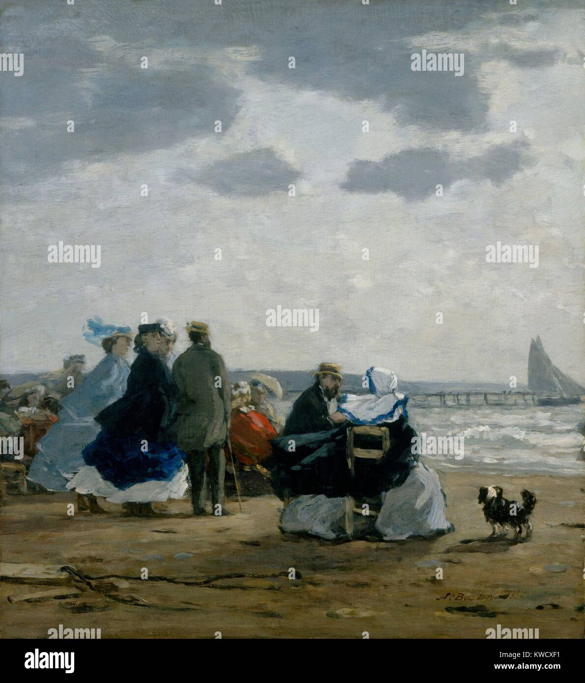 Sulla spiaggia, Dieppe, Da Eugène Boudin, 1864, impressionista francese pittura, olio su legno. Boudin era un pittore di marine e di uno del primo paesaggio francese artista a dipingere all aperto (BSLOC 2017 3 157) Foto Stock