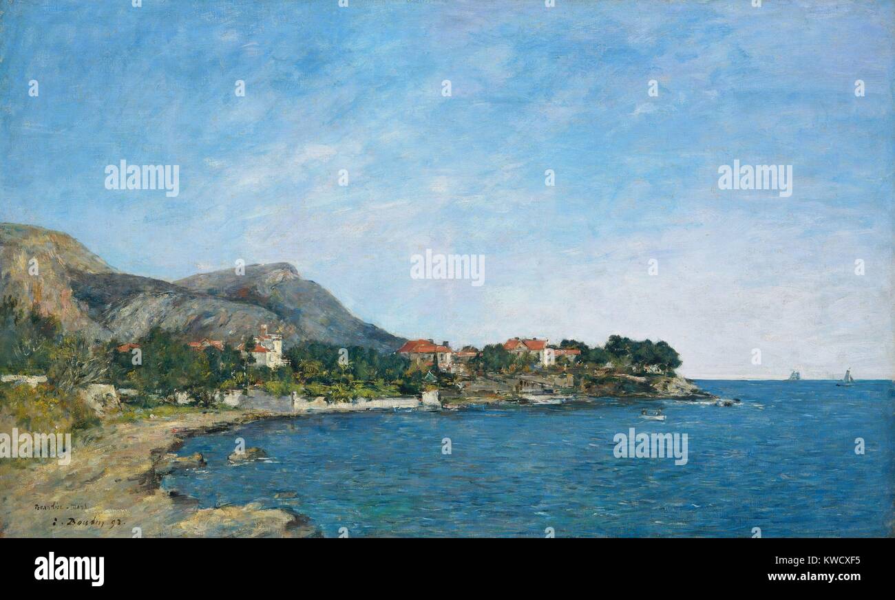 Beaulieu: la baia di Fourmis, Da Eugène Boudin, 1892, impressionista francese pittura, olio su tela. Questa è stata dipinta sulla Riviera francese a marzo 1892, con un leggero e luminoso tavolozza di impressionismo, ma una più realista convenzionale composizione (BSLOC 2017 3 159) Foto Stock