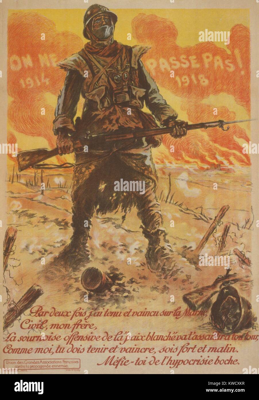Guerra Mondiale 1: la battaglia di Verdun. On ne passe pas, tradotto come esse non passano divenne il grido di battaglia dei Francesi a Verdun. Manifesto francese commemora la battaglia che ha ucciso 262.000 Francese e 142.000 soldati tedeschi. (BSLOC 2013 1 96) Foto Stock