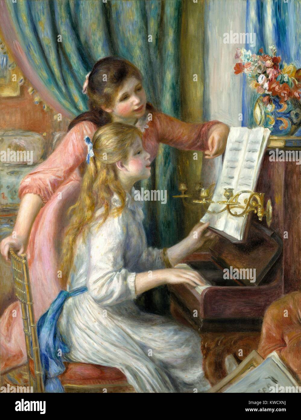 Due giovani ragazze al pianoforte, da Auguste Renoir, 1892, impressionista francese pittura, olio su tela. Questa è stata dipinta per il nuovo Musee du Luxembourg, che raccoglie opere di artisti viventi (BSLOC 2017 3 78) Foto Stock