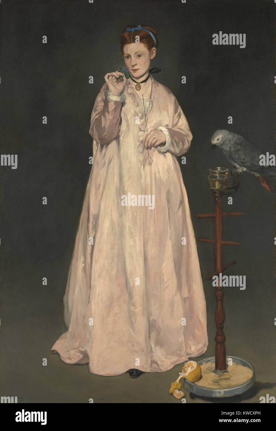 Signora giovane nel 1866, da Edouard Manet, 1866 impressionista francese pittura, olio su tela. Alcuni hanno suggerito che questo è un allegoria dei cinque sensi: nosegay (odore), arancione (gusto), Parrot (audizione), e l'uomo della monoclasse ha dita (vista e toccare) (BSLOC 2017 3 9) Foto Stock