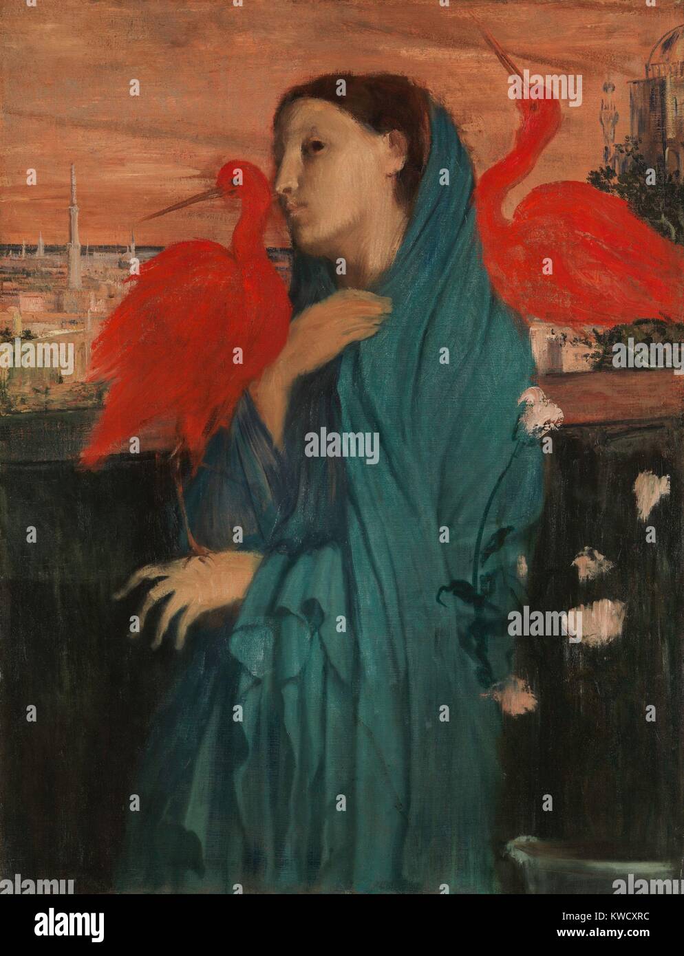 Giovane donna con Ibis, di Edgar Degas, 1860-62, impressionista francese pittura, olio su tela. Degas aggiunta di fantasia per il suo ritratto di una donna con immaginario ibis rosso e medio orientale cityscape (BSLOC 2017 3 96) Foto Stock