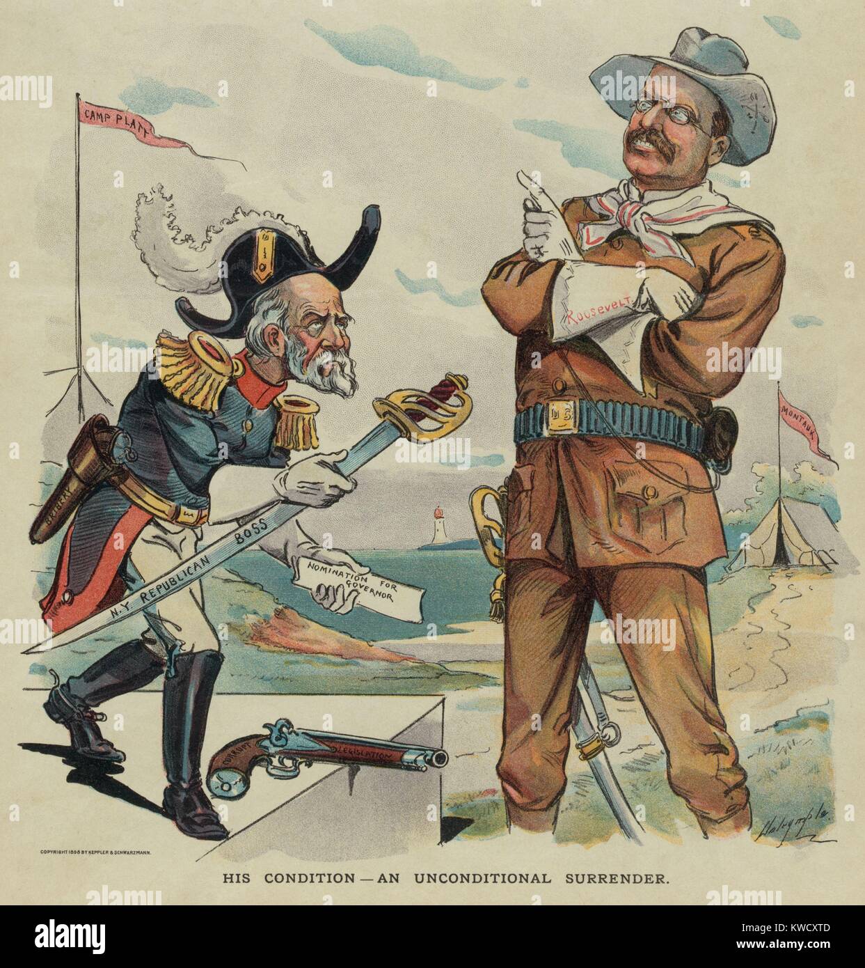 Thomas C. Platt offrendo la sua spada denominata N.Y. Il repubblicano Boss di Theodore Roosevelt. Platt si arrende al suo vecchio rivale repubblicano, che hanno ricevuto i loro amici la nomina per il governatore. Sett. 14, 1898 (BSLOC 2017 4 21) Foto Stock
