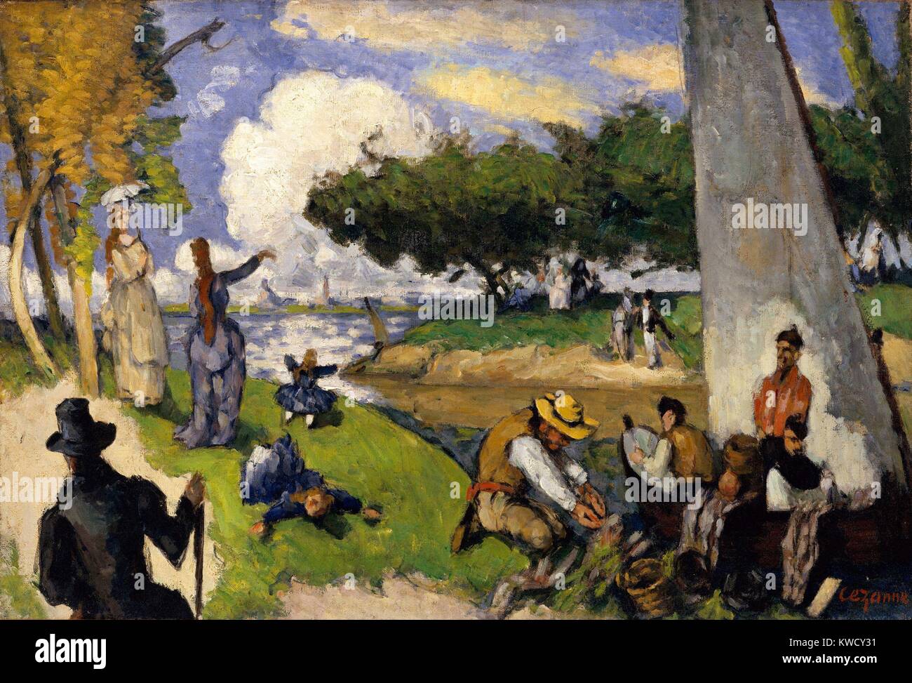 I pescatori (fantastica scena), di Paul Cezanne, 1875, francese Post-Impressionist pittura ad olio. Questo immaginato scena di pescatori, al fianco di borghese, passeggini e di attività rappresentato dalla metà del XIX secolo francese realista e impressionista artisti (BSLOC 2017 5 1) Foto Stock