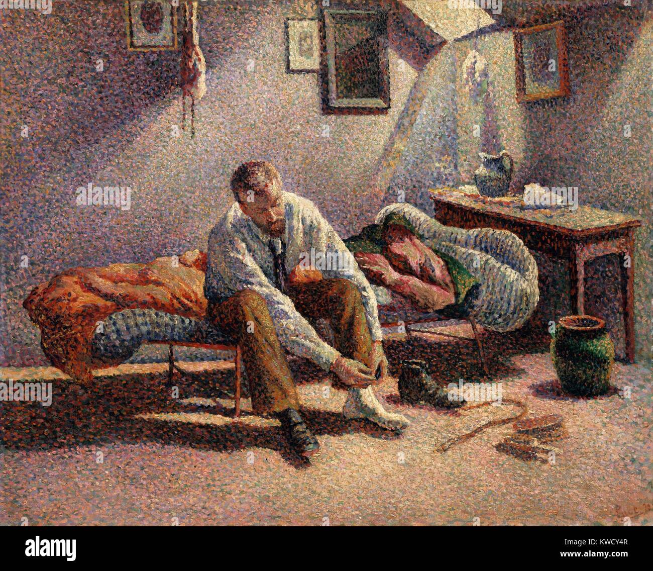 Mattina, interno, da da Maximilien Luce 1890, neo-impressionisti francesi, olio su tela. Pointillist pittura di luce vicino amico e compagno di pittore Gustave Perrot nel vestire i suoi artisti garret. Luces socialista anarchico/politica influenzata lui di dolore (BSLOC 2017 5 111) Foto Stock