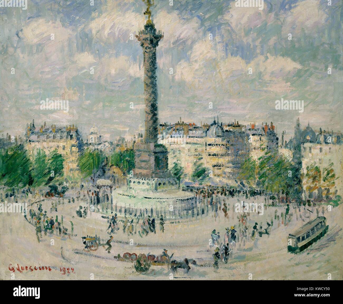 La Place de la Bastille, da Gustave Loiseau, 1922, francese Post-Impressionist, olio su tela. Questa luce piena rappresentazione di Parigi è dipinta con rapide pennellate che crea un intricato, reticolare di superficie. Il breve lacerandosi pittorica della figura (BSLOC 2017 5 114) Foto Stock