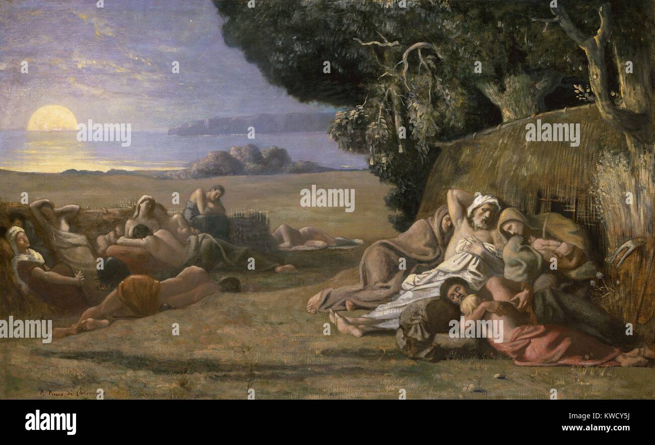 Il sonno, da Pierre Puvis de Chavannes, 1867-70, francese romantica/pittura simbolista, olio su tela. L'artista rappresenta un classico gruppo vestito dormire dopo un raccolto, cassaforte in un idilliaco momento di pace (BSLOC 2017 5 122) Foto Stock