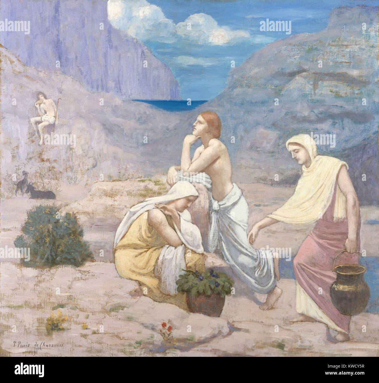 I Pastori canzone, da Pierre Puvis de Chavannes, 1891, romantico francese simbolista/pittura ad olio. L'artista adatta le sue figure dalla classica greco-romana di modelli e temi antichi, evocando un intramontabile dream world (BSLOC 2017 5 123) Foto Stock